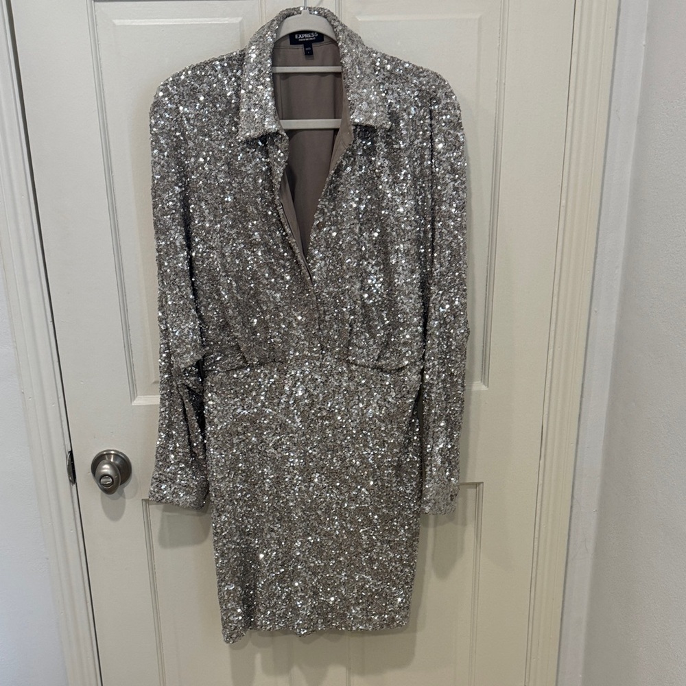 Express Glittering Silver Long Sleeve Dress